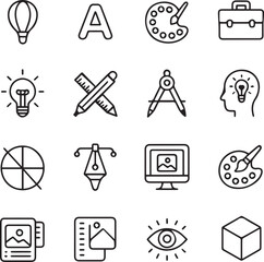 vector line icon set of creativity design tools including light bulb, pencil, palette, monitor, cube and business symbols