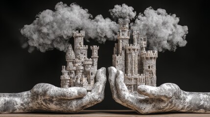 Two hands holding a castle made of white clay. The castle is surrounded by smoke, giving it a sense of destruction