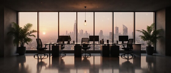 modern office overlooking city skyline with morning sunlight and green plants | business, corporate, architecture, minimalism, urban theme