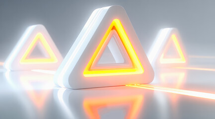 Three white triangles with orange accents are lit up. The triangles are arranged in a row. Scene is bright and energetic