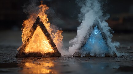 Two triangles, one red and one blue, are lit on fire and surrounded by smoke. The fire is reflected in the water
