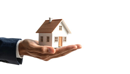 ビジネスマンの手に乗る家のミニチュアが示す不動産投資と住宅ビジネスの象徴