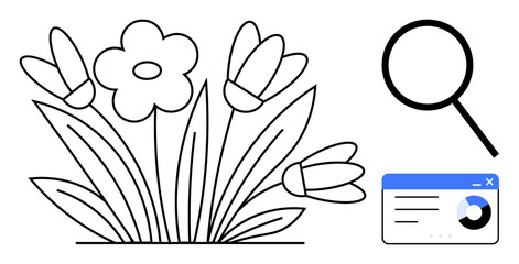 Line-art flowers with leaves, a magnifying glass, and a minimalist web dashboard interface. Ideal for growth, research, analysis, ecology, discovery SEO connections. Simple flat metaphor