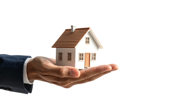 ビジネスマンの手に乗る家のミニチュアが示す不動産投資と住宅ビジネスの象徴 - Powered by Adobe