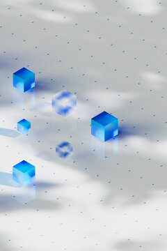 Sparse Blue and Clear Cubes on White Surface