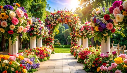 Fototapeta premium Vibrant Floral Archway and Aisle for an Outdoor Wedding Ceremony.
