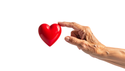 高齢者の手が赤いハートにそっと触れる優しい瞬間