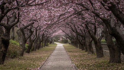 Naklejka premium A tranquil path lined with cherry blossom trees in full bloom during spring