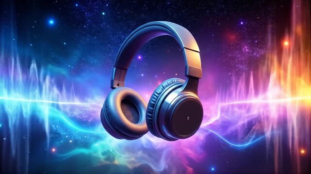 Immersive audio experience visualizer with headphones and cosmic soundscapes