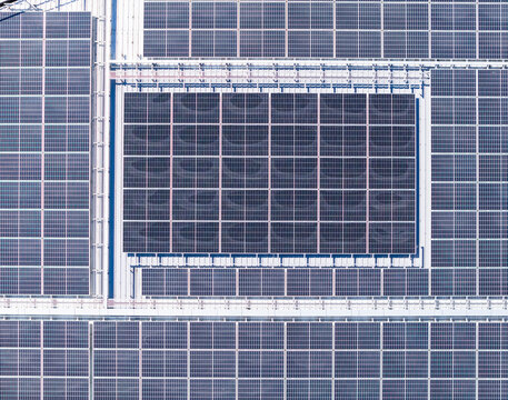 Aerial View of Rooftop Solar Panel Array