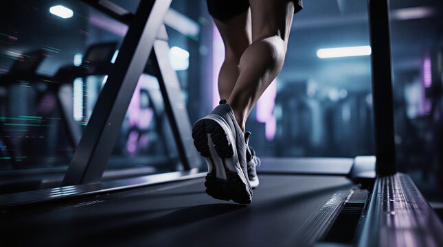athlete exercising on treadmill in modern gym with projected data overlay | fitness, technology, health, sports, wellness theme