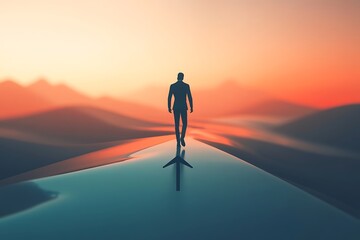 A solitary figure walks across a reflective surface towards a vibrant sunset over a surreal alien landscape