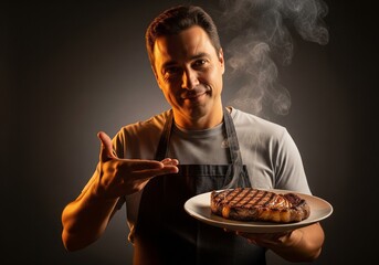 Proud chef presenting a hot grilled steak