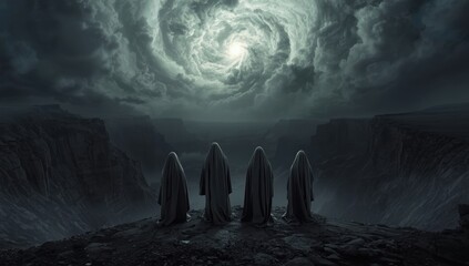 Four cloaked figures stand on a rocky outcrop gazing at a swirling vortex in the stormy sky above a desolate landscape