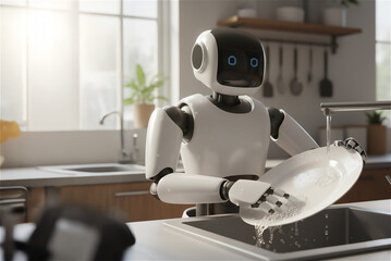 Futuristic Domestic Assistant Doing Dishes