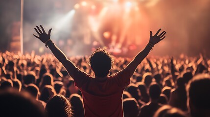 One person with arms raised in celebration at a vibrant energetic live music concert with a large crowd and bright stage lights