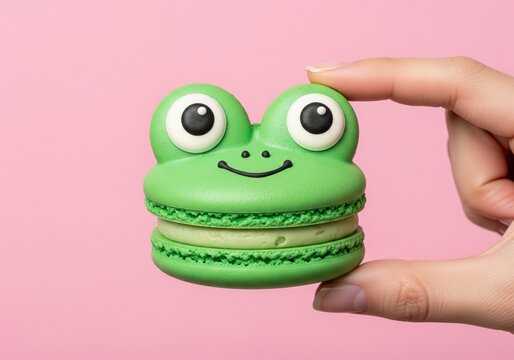 Hand holding a cute frog macaron