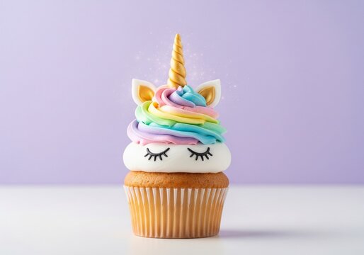 Cute unicorn cupcake with rainbow frosting