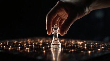 Strategic planning network with golden route lines, pawns as decision points, and a hand making a move | business, technology, leadership, planning, innovation theme