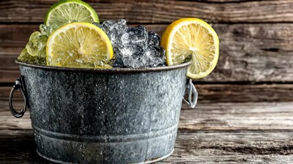 Generative AI. Fresh citrus slices of lemon and lime sit atop crushed ice in a rustic metal bucket, creating a refreshing summer drink presentation with natural textures - Powered by Adobe