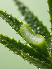 Fototapeta premium dewy aloe vera leaf, close-up of refreshing botanical texture, spa and skincare concept | skincare, beauty, health, nature, wellness theme