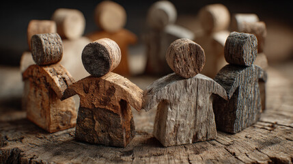 Rustic wooden peg figures linked by hands sit on a weathered tree stump, forming a focal group that embodies unity, teamwork, and community in a warm, natural setting.