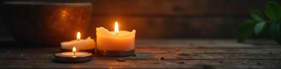 Warm Candlelight Illuminates Rustic Wood Cozy Home Decor & Spa Ambiance