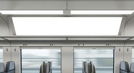 Interior view of a modern train carriage, showcasing overhead lighting and blurred outside scenery.