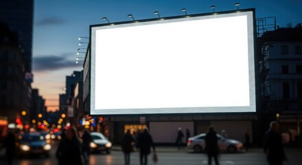 A large, blank billboard stands prominently in a city street at dusk, surrounded by blurred pedestrians, cars, and buildings with illuminated lights.