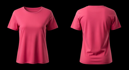 Pink crew neck t-shirt displayed from the front and back on a black background.