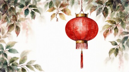 vibrant red chinese lantern adorned with delicate watercolor leaves and flowing tassel | asian, festival, newyear, decoration, tradition theme