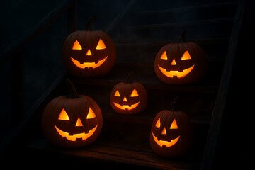 Halloween Pumpkins on Wood Stairs-10