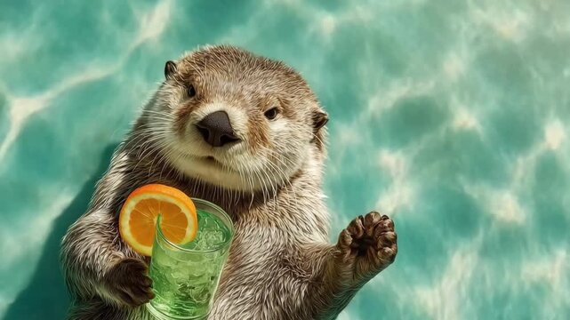 Generative AI. Playful otter holding a refreshing green drink with orange slices, floating in a serene blue pool, showcasing a fun and relaxed summer vibe with aquatic elements