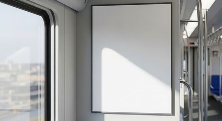 Interior view of a train car featuring a blank advertisement frame, natural light.