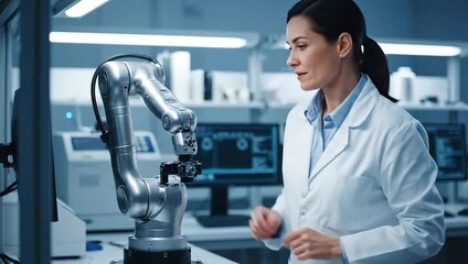 A woman in a lab coat adjusts a metallic robotic arm, a focus on technology and future - Powered by Adobe
