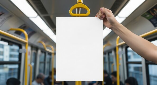 A person's arm and hand holding a blank white poster hanging from a yellow handrail inside a train or bus.