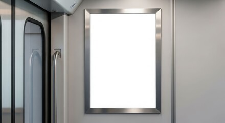 A blank advertising billboard with a silver frame is mounted on the wall inside a train car, next to a sliding door.