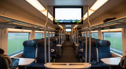 Interior view of a modern train car with blue seats, tables, overhead luggage racks, and a blank television screen.