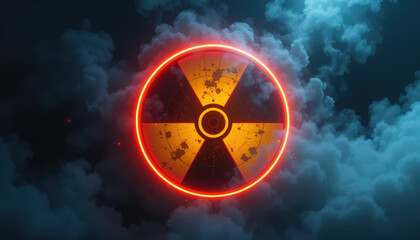 Radiation warning symbol illuminated in dark clouds digital art atmospheric futuristic concept