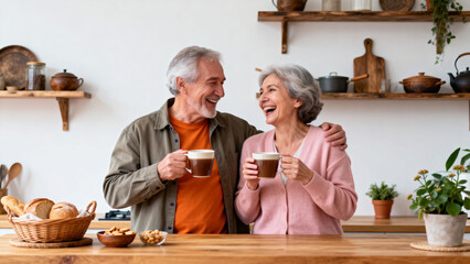 Elderly couple sharing coffee in kitchen