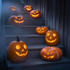 Halloween Pumpkins on Wood Stairs-13