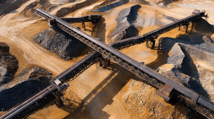 Aerial View of Conveyor Belts Transporting Crushed Materials in a Mining Site with Earth and Rocks Surrounding the Infrastructure