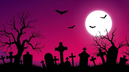 Spooky halloween graveyard scene with full moon and bats