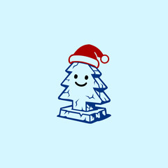 Cute cartoon illustration of a smiling Christmas tree ice sculpture wearing a Santa hat