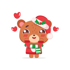 Cute Christmas bear in Santa hat with hearts, festive character for greeting cards, posters, stickers and holiday design