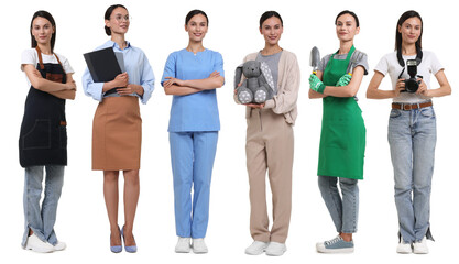 Obraz premium Choice of profession. Same woman representing different occupations. Collage of portraits on white background