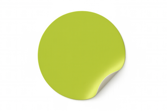 Green blank round sticker with curved corner, peeling off, empty circle label on transparent background