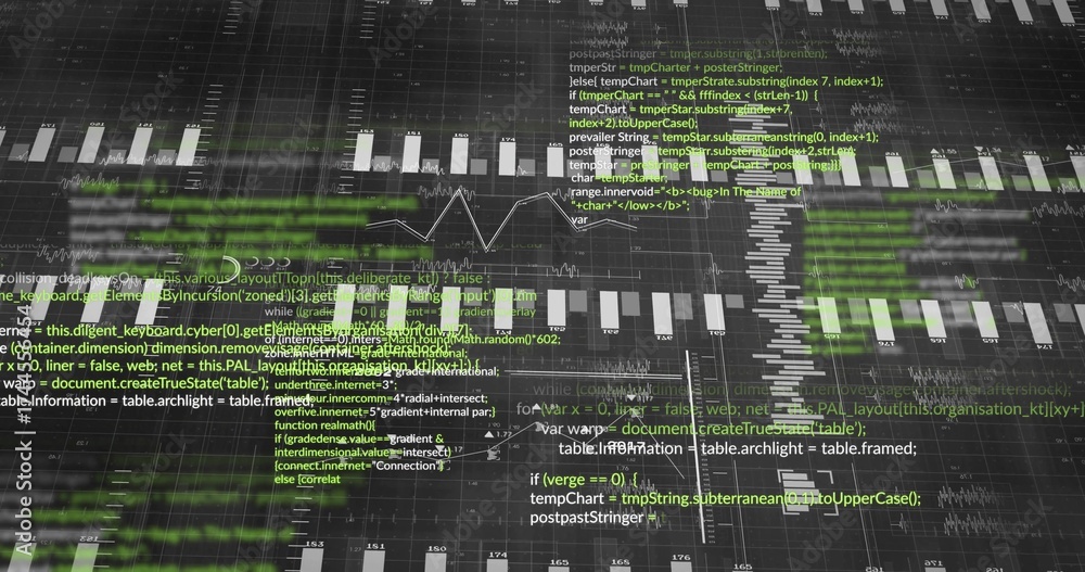 Wall mural Displaying data dashboard on computer screen, with code, bar chart and line graph and grid overlay