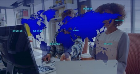 Collaborating coworkers analyzing data on laptop at office, with data map overlay and coffee cup