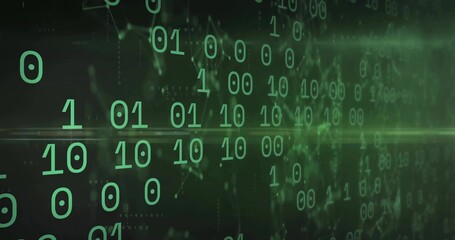 Glowing oversized green binary digits floating in virtual network space, with horizontal beam
